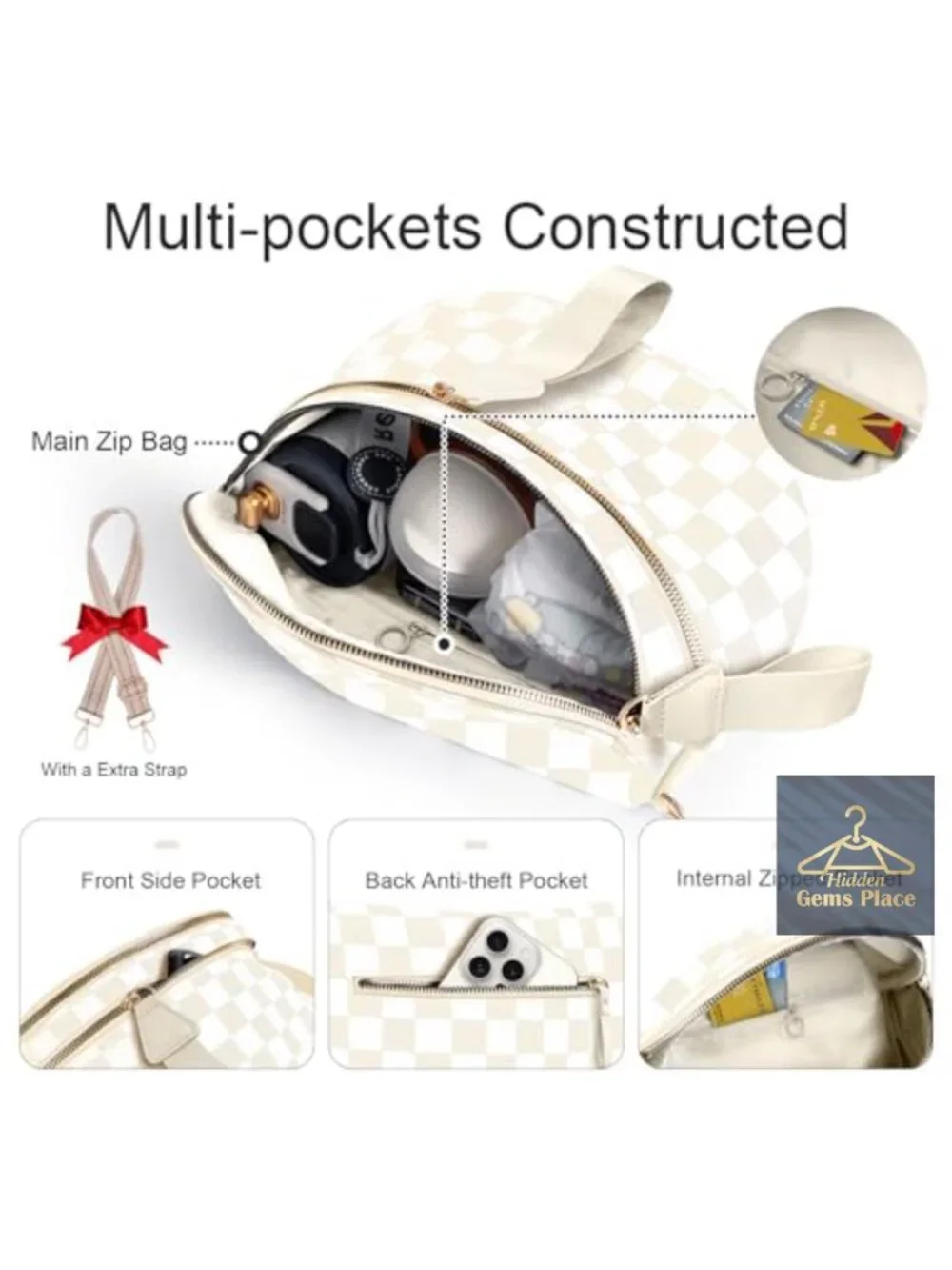 Checkered Crossbody Bag Large Nylon Fanny Pack Sling with Extra Strap